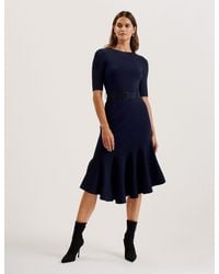 Ted Baker - Knit Midi Dress With Belted Waist & Flippy Hem - Lyst