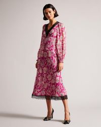 Ted Baker - Long Sleeve Midi Dress With Lace Trim - Lyst
