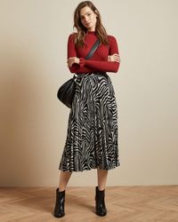 Ted Baker Printed Knitted Pleated Midi Skirt - Black