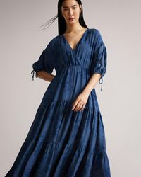 Ted Baker Puff Sleeve Wrap Front Midi Dress - Blue