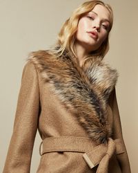 Ted Baker Faux Fur Collar Wrap Coat - Brown