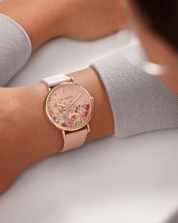Ted Baker Floral Dial Leather Strap Watch - Pink