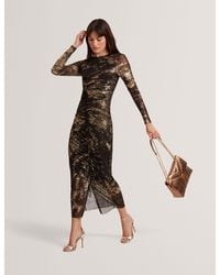 Ted Baker - Foil Print Mesh Bodycon Midi Dress - Lyst