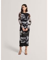Ted Baker - Arietty Dark Floral Ruched Mesh Bodycon Midi Dress - Lyst