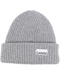Ganni - Rib-Knit Beanie With Logo Patch - Lyst