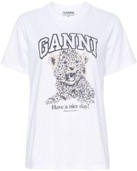 Ganni - Leopard Print Cotton T-Shirt - Lyst
