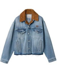 Miu Miu - Leather-Collar Raw-Hem Denim Jacket - Lyst