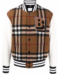 Burberry Brown Letter Graphic Check Technical Wool Bomber Jacket