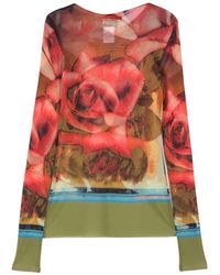 Jean Paul Gaultier - Top A ica Lunga In Rete Con Stampa Rose - Lyst