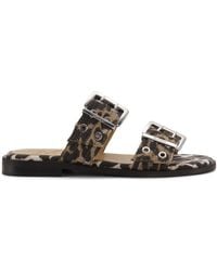 Ganni - Animalier Flat Sandal With Buckles - Lyst