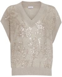 Brunello Cucinelli - Embroidered Linen Sleeveless Sweater - Lyst