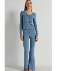 Tezenis Pyjama Long en Viscose à Fronces - Bleu