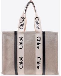 Chloé - Large Woody Linen And Leather Tote Bag - Lyst