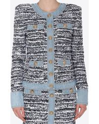 Balmain - Tweed And Denim Blazer Jacket - Lyst