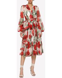 Dolce & Gabbana - Poppy Print Chiffon Midi Dress - Lyst