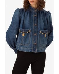 Chloé - High-Neck Gathered Denim Jacket - Lyst