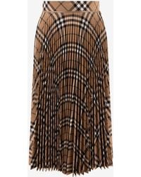 Burberry - Pleated Check Midi Skirt - Lyst