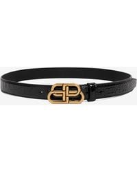 Balenciaga - Bb Logo Croc-Embossed Leather Thin Belt - Lyst