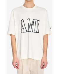 Ami Paris - Relaxed Fit Cream Graphic T-Shirt With Bold Text - Lyst