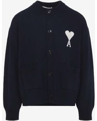 Ami Paris - Wool-Blend Cardigan With Logo-Inlay - Lyst