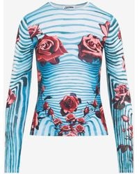 Jean Paul Gaultier - Striped Floral Long-Sleeved Mesh Top - Lyst