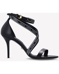 Versace Leather Black & White Logo Strap Sandals | Lyst