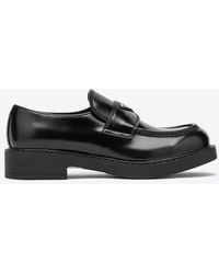 Prada - Brushed Leather Logo Loafers - Lyst