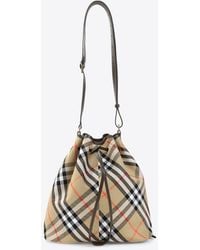 Burberry - Medium Checked Drawstring Bucket Bag - Lyst