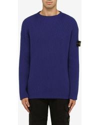 Stone Island - Ribbed Knit Wool Sweater With Logo Patch - Lyst