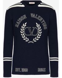 Valentino Logo-embroidered V-neck Wool Jumper in Green for Men | Lyst
