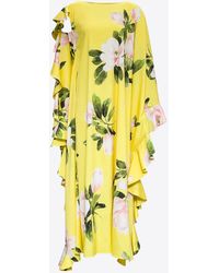 Valentino - Floral Print Ruffled Midi Silk Dress - Lyst