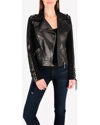 Mugler - Leather Biker Jacket With Stretch-knit Panels And Lace-up Trims - Lyst