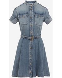 McQueen - Denim Mini Dress Flared Skirt Belt - Lyst