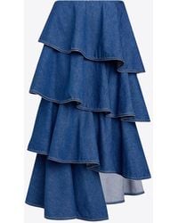 Alaïa - Tiered Ruffled Denim Skirt - Lyst