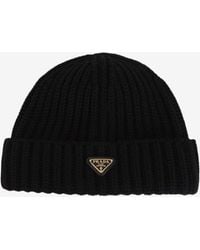 Prada - Triangle Logo Wool Beanie - Lyst