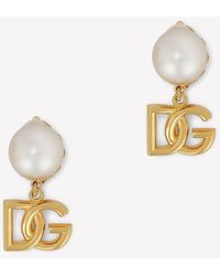 Dolce & Gabbana - -plated Logo Pearl Drop Earrings - Lyst