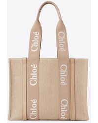 Chloé - Woody Leather And Linen Tote Bag - Lyst