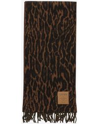 Ganni - Leopard Print Fringed Wool Scarf - Lyst