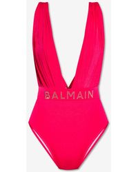 Balmain - Deep V-Neck Draped One-Piece Swimsuit - Lyst