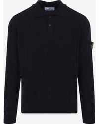 Stone Island - Logo Patch Wool Knit Polo Sweater - Lyst