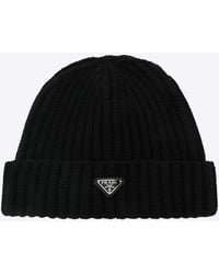 Prada - Triangle Logo Wool Beanie - Lyst