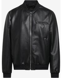 Prada - Triangle Logo Zip-Up Leather Bomber Jacket - Lyst