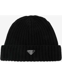 Prada - Triangle Logo Wool Knit Beanie - Lyst