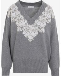 Alberta Ferretti - Lace-Trimmed V-Neck Sweater - Lyst