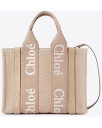 Chloé - Small Woody Leather And Linen Tote Bag - Lyst