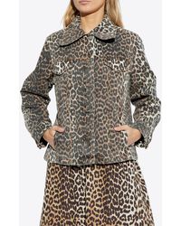 Ganni - Leopard Print Button-Up Denim Jacket - Lyst