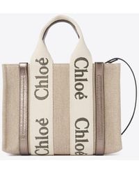 Chloé - Small Woody Leather And Linen Tote Bag - Lyst