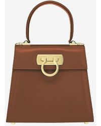 Ferragamo Small Iconic Top Handle Bag In Brushed Calf Leather - Brown