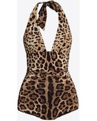 Dolce & Gabbana - Leopard Print Halterneck One-Piece Swimsuit - Lyst