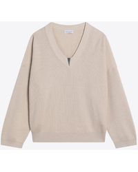 Brunello Cucinelli - V-Neck Rib Knit Sweater With Monili-Insert - Lyst